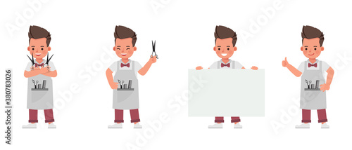 Barber kid character vector design. Presentation in various action with emotions.