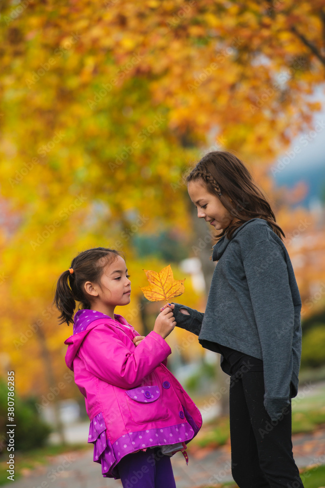 Sisters Sharing Autumn Leaf Sisters Sharing Autumn Leaf