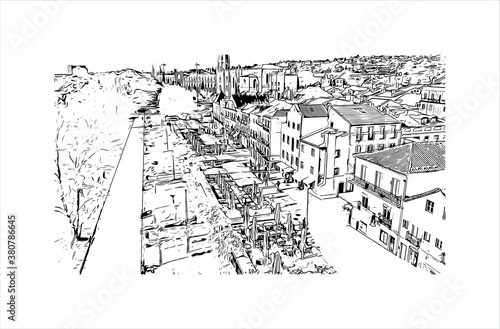 Building view with landmark of Belem is a Brazilian city with 2,491,052 people residing in its Metropolitan Region. Hand drawn sketch illustration in vector.