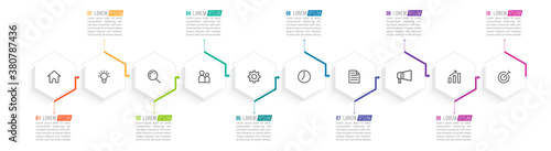 Minimal Business Infographics template. Timeline with 10 steps, options and marketing icons .Vector linear infographic with ten conected elements. Can be use for presentation.