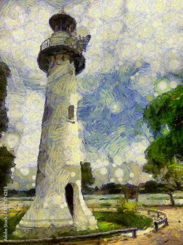 Lighthouse landscape Illustrations creates ant style impressionis of painting. photo