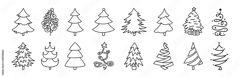 Christmas tree cartoon black linear set. Hand drawing outline xmas trees  collection. New Year traditional line design ornaments, stars or garlands.  Stylized symbol for holiday flat vector illustration Stock Vector | Adobe