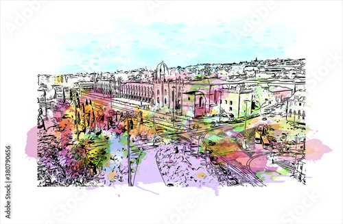Building view with landmark of Belem is a Brazilian city with 2,491,052 people residing in its Metropolitan Region. Watercolor splash with hand drawn sketch illustration in vector.