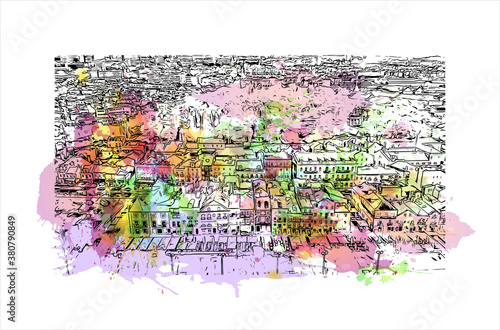 Building view with landmark of Belem is a Brazilian city with 2,491,052 people residing in its Metropolitan Region. Watercolor splash with hand drawn sketch illustration in vector.