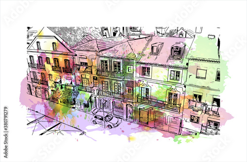 Building view with landmark of Belem is a Brazilian city with 2,491,052 people residing in its Metropolitan Region. Watercolor splash with hand drawn sketch illustration in vector.
