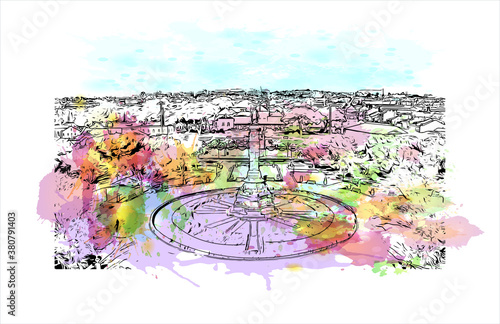 Building view with landmark of Belem is a Brazilian city with 2,491,052 people residing in its Metropolitan Region. Watercolor splash with hand drawn sketch illustration in vector.