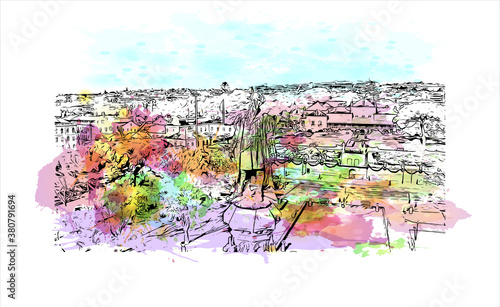 Building view with landmark of Belem is a Brazilian city with 2,491,052 people residing in its Metropolitan Region. Watercolor splash with hand drawn sketch illustration in vector.