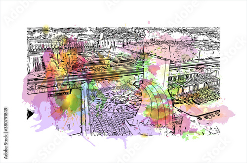 Building view with landmark of Belem is a Brazilian city with 2,491,052 people residing in its Metropolitan Region. Watercolor splash with hand drawn sketch illustration in vector.