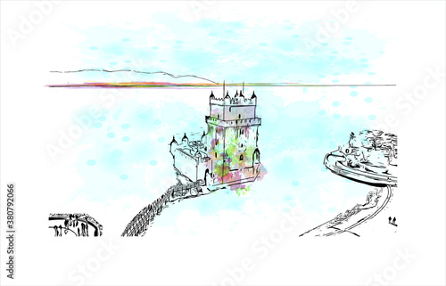Building view with landmark of Belem is a Brazilian city with 2,491,052 people residing in its Metropolitan Region. Watercolor splash with hand drawn sketch illustration in vector.