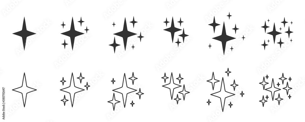 Naklejka premium Contour glyph silhouette symbols sparkles icon set. Outline decorative twinkle sparkle lights star. Template element of shape confetti. Linear elegant glowing light effect Isolated vector illustration