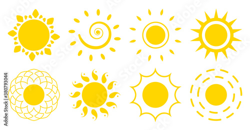 Flat sun icons set. Abstract cartoon different shape summer symbol. Simple template decorative element for logo or banner. Sign morning weather, spring season. Isolated on white vector illustration