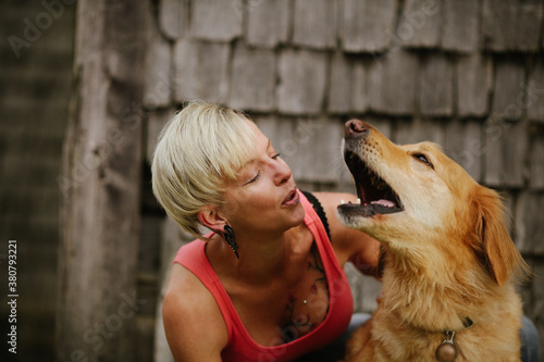 womand and her dog portrait photo