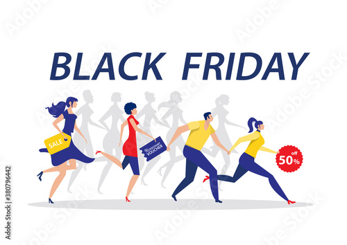 Woman and man running for sale discount black friday on white background