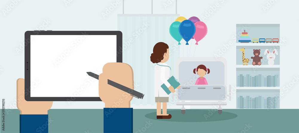 Blank screen tablet in pediatrics ward with doctor and patient flat design vector illustration Blank screen tablet in pediatrics ward with doctor and patient flat design vector illustration
