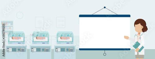 Maternity ward with blank screen projector and newborn babies in incubators flat design vector illustration