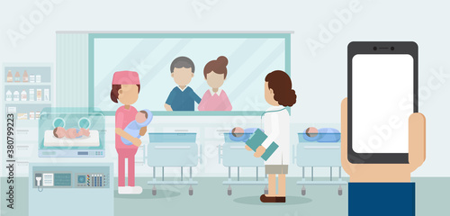 Maternity ward with blank screen mobile phone, pediatrician and newborn babies flat design vector illustration