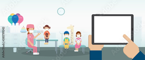 Vaccination concept with blank screen tablet and nurse hold syringe with vaccine flat design vector illustration