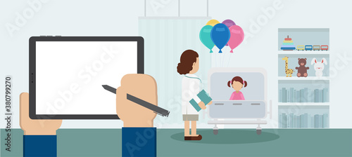Blank screen tablet in pediatrics ward with doctor and patient flat design vector illustration