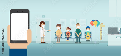 Blank screen mobile phone in pediatrics clinic flat design vector illustration