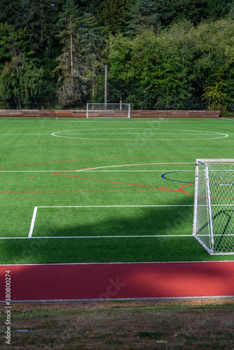 Newly installed artificial turf sports field on a sunny day, soccer goals
 photo