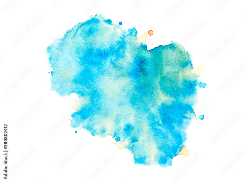 blue watercolor paint of splashes on white paper.