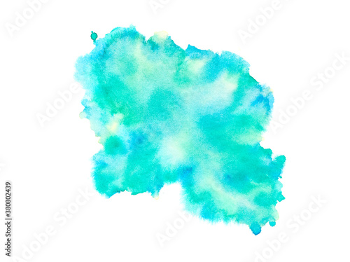 blue paint of splashes watercolor isolated on white paper.