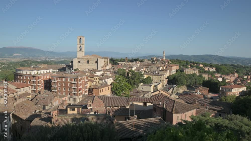 Perugia, Umbria, Italy. August 2020. Aerial view on the historic center, concept of freedom and escape from home life after coronavirus pandemic lockdown. Perugia, Umbria, Italy. August 2020. Aerial view on the historic center, concept of freedom and escape from home life after coronavirus pandemic lockdown.