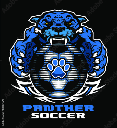 panther soccer team mascot with ball for school, college or league