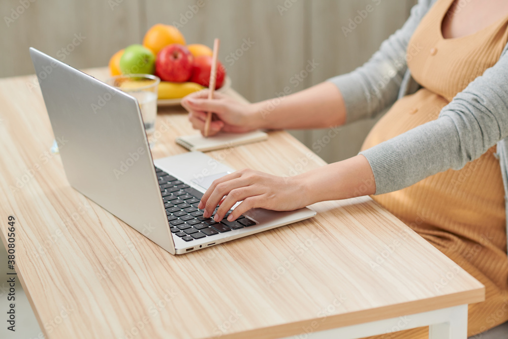 pregnant woman relaxing with her laptop in her kitchen pregnant woman relaxing with her laptop in her kitchen