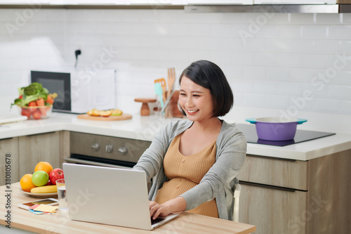 Beautiful young woman using laptop in kitchen