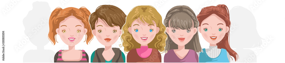 European girls group. Girl group face set. Russia girls, Germany girls and australia girls group. Female portrait. Head, face and hairstyle for puberty girl. European girls group. Girl group face set. Russia girls, Germany girls and australia girls group. Female portrait. Head, face and hairstyle for puberty girl.