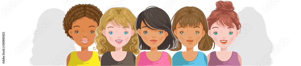 Girls group. Girl group face set. Asian girl, European girls and african girls group. Female portrait. Head, face and hairstyle for puberty girl. Girls group. Girl group face set. Asian girl, European girls and african girls group. Female portrait. Head, face and hairstyle for puberty girl.