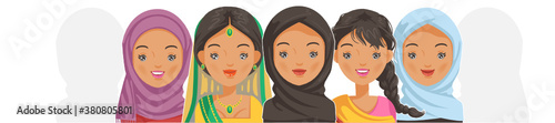 Arab girls, muslim girls and indian girls group. Female portrait. Head, face and  hairstyle for puberty girl.