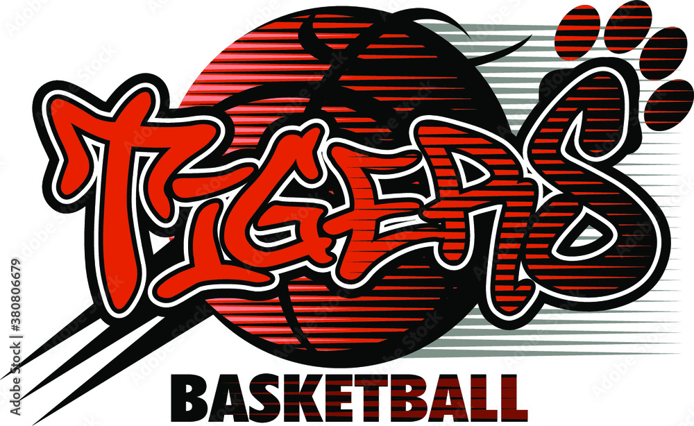 tigers basketball team design with paw print and ball for school, college or league