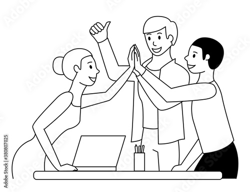 Successful teamwork concept. People give five. Black outline. Cartoon style. Vector illustration.