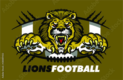 lions football team design with mascot and claws for school, college or league