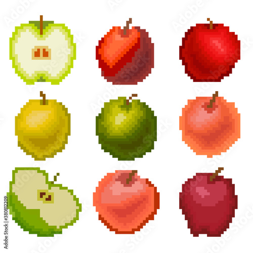 Food set of nine images of different apples. Images for websites for various purposes, logos, restaurant menus and much more.