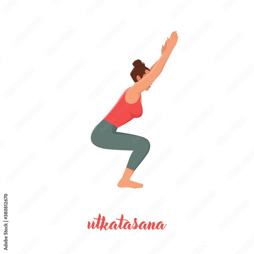 Vettoriale Stock Girl doing yoga pose,Chair Pose or Utkatasana asana in  hatha yoga,vector illustration in trendy style | Adobe Stock