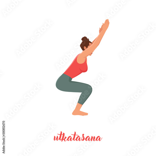 Girl doing yoga pose,Chair Pose or Utkatasana asana in hatha yoga,vector illustration in trendy style photo