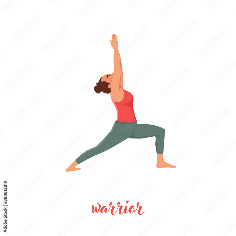 Collection of young woman performing virabhadrasana I,II,III isolated on white background.  flat vector illustrations for clothes, cards, posters, wrapping paper. Warrior pose