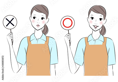 Set of illustrations of woman wearing apron showing right or wrong