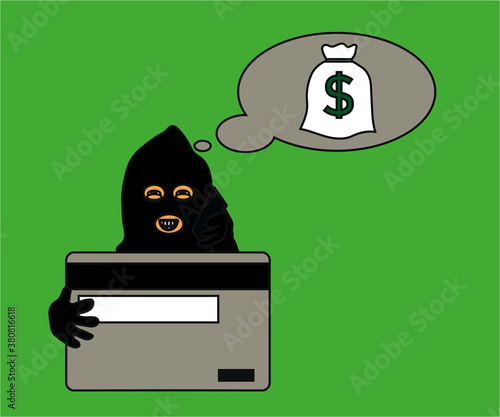 Phone scammer and bank card. Cartoon. Vector illustration.