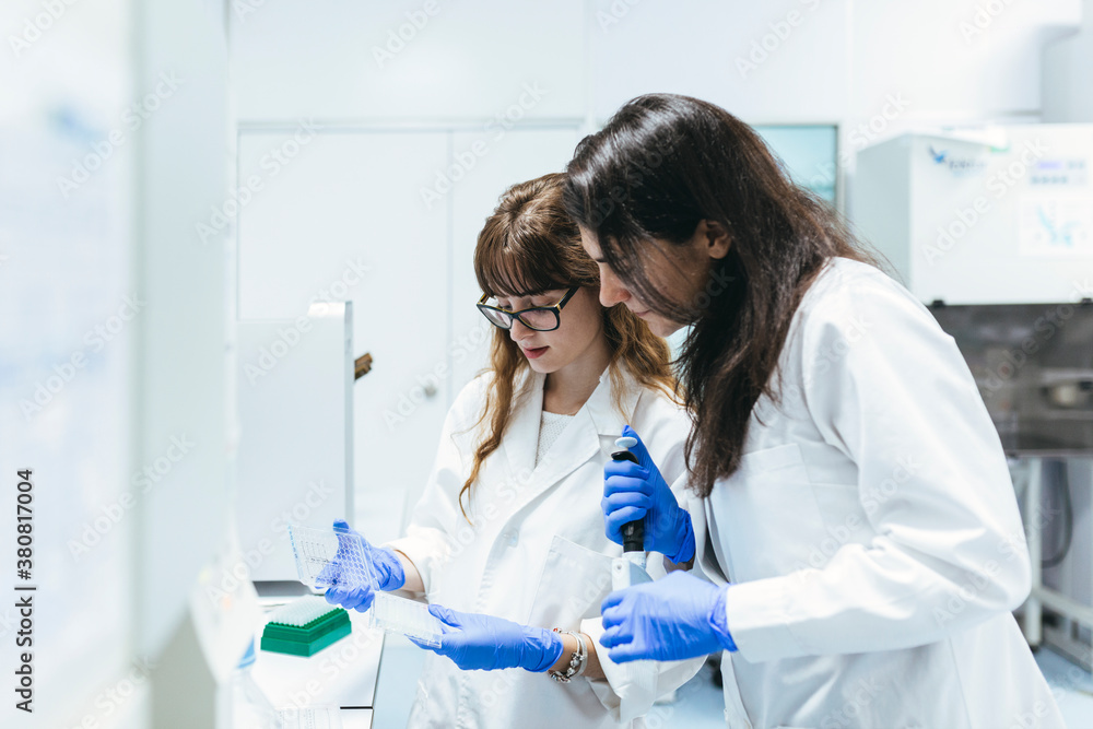 Two young biologists in laboratory Two young biologists in laboratory