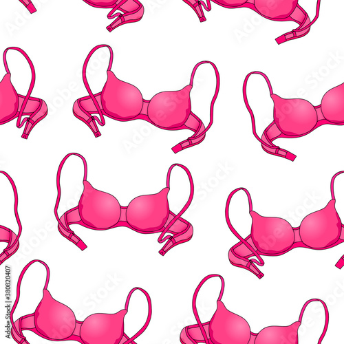 Seamless pattern of a female bra of pink color on a white background. Hand drawing. Vector illustration.