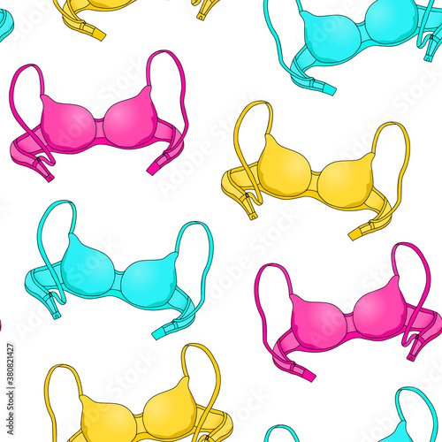 Seamless pattern of a female bra of pink, yellow and turquoise color on a white background. Hand drawing. Vector illustration.