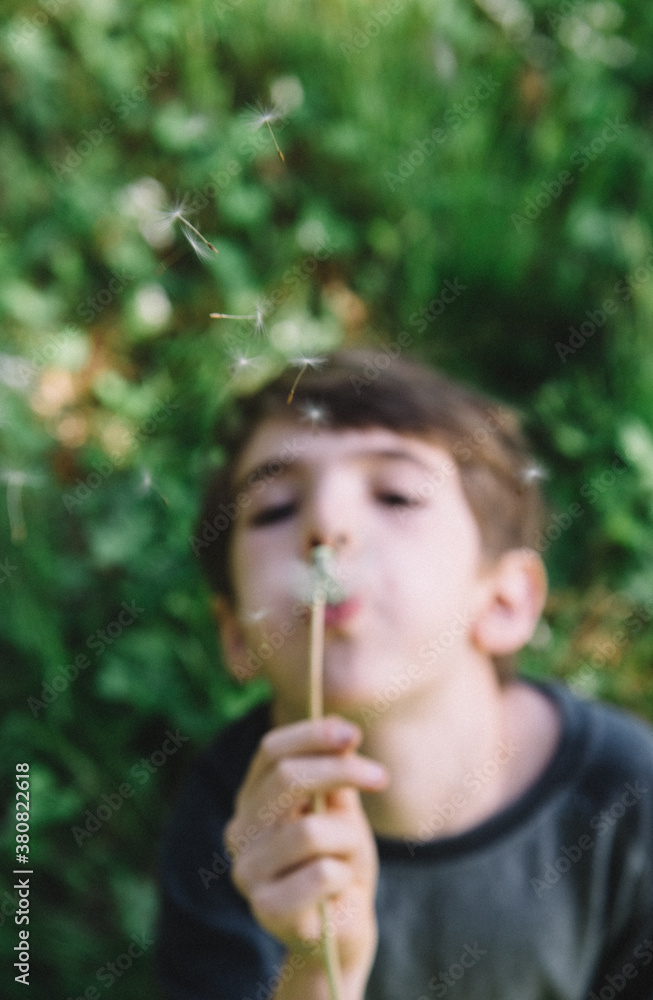 Little boy blows dandelion seeds outside in summer Little boy blows dandelion seeds outside in summer