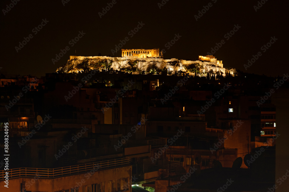 Acropolis of Athens at night.