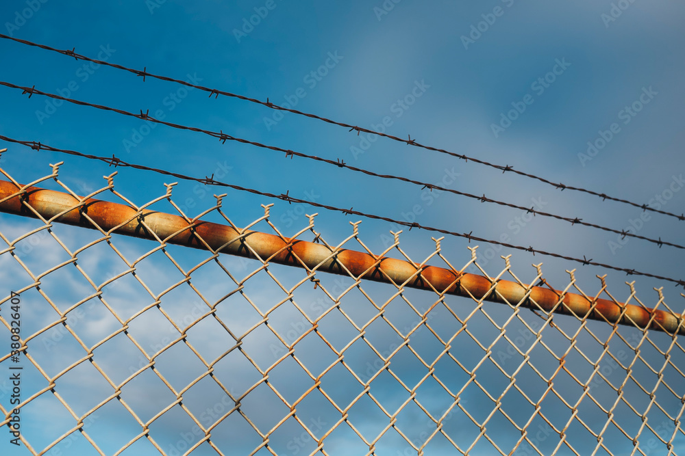 Detail of barbed wire and chain-link fence Detail of barbed wire and chain-link fence