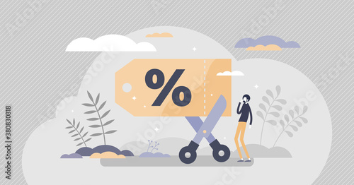 Coupon voucher with price reduction promotion and sale tiny persons concept