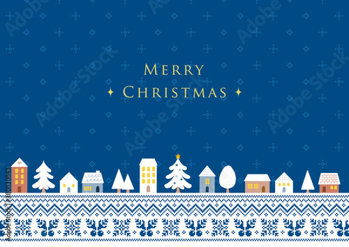 クリスマスの街並み 青いノルディック柄の背景 文字あり